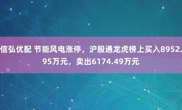 信弘优配 节能风电涨停，沪股通龙虎榜上买入8952.95万元，卖出6174.49万元